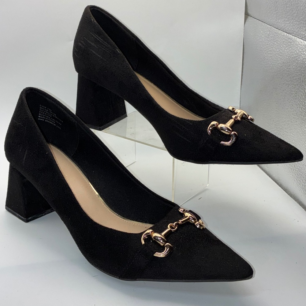 Torta Caliente Miranda Womens 12M Black Pointed‎ Toe Block Heel Pumps Horsebit